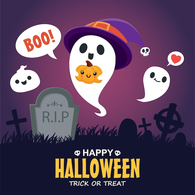 Vintage Halloween poster design with vector jack o lantern ghost character