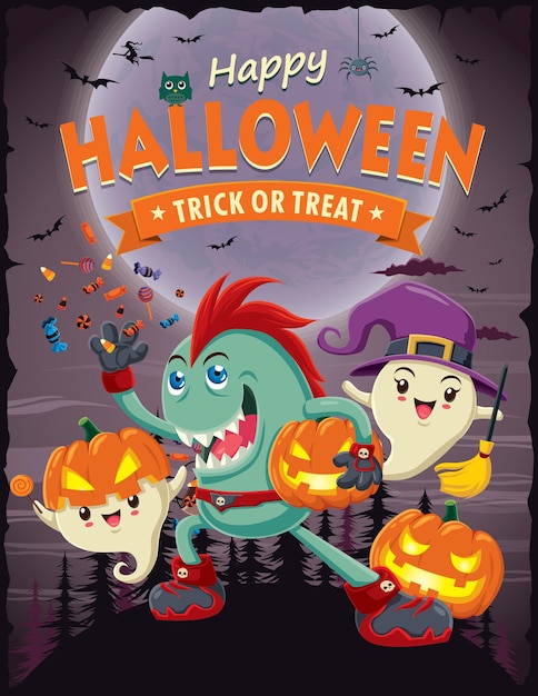 Vintage Halloween poster design with vector monster, ghost character.