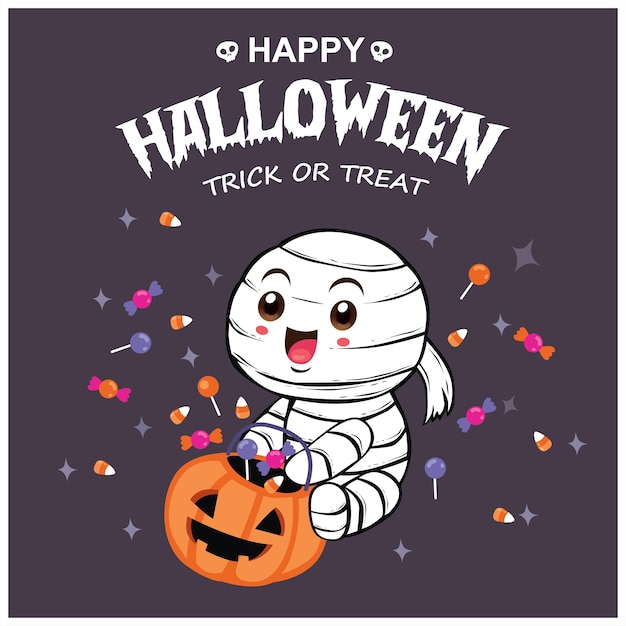 Vintage Halloween poster design with vector mummy character