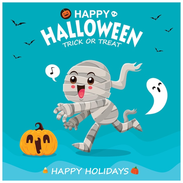 Vintage Halloween poster design with vector mummy ghost character