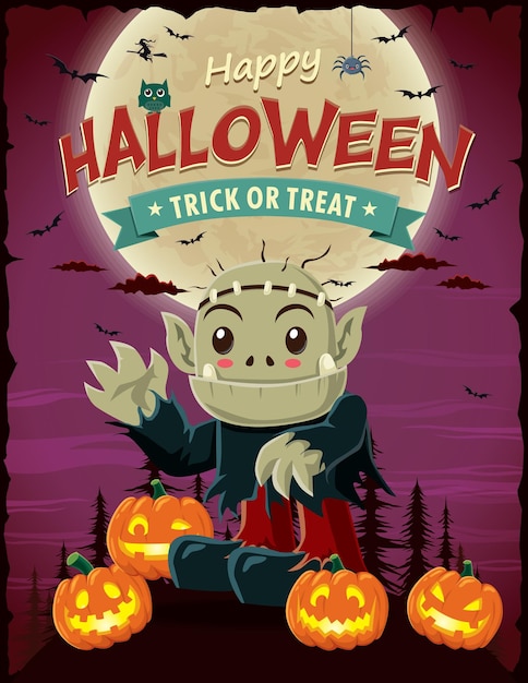 Vintage Halloween poster design with vector old man character.