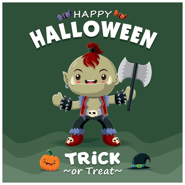 Vintage Halloween poster design with vector orc character.