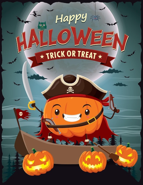 Vintage Halloween poster design with vector pirate character.