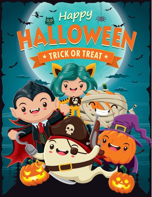 Vintage Halloween poster design with vector pirate, vampire, witch, mummy character.