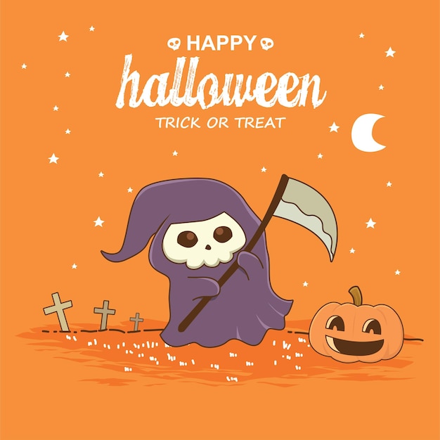 Vintage Halloween poster design with vector reaper character.