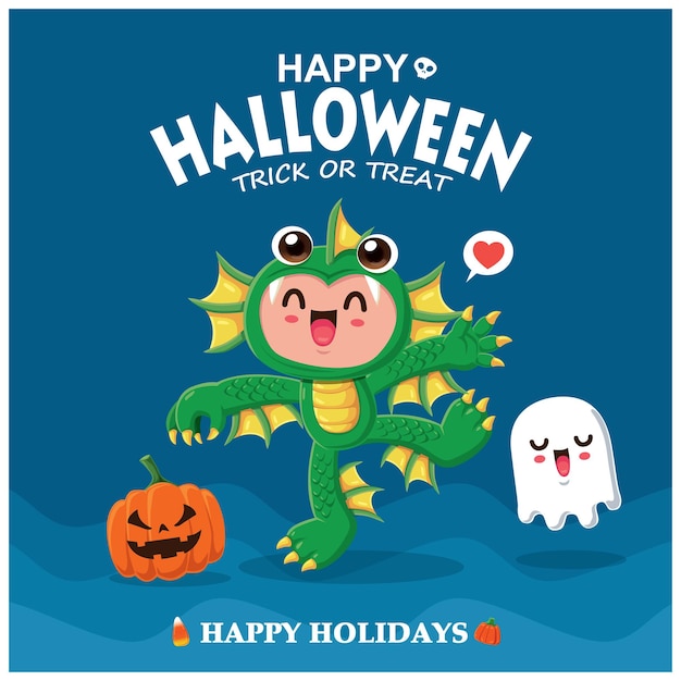 Vintage Halloween poster design with vector sea creature character