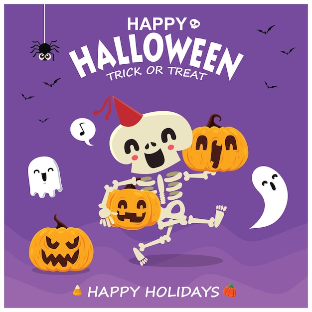 Vintage Halloween poster design with vector skeleton ghost pumpkin character