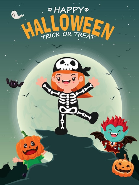 Vintage Halloween poster design with vector skeleton girl vampire character