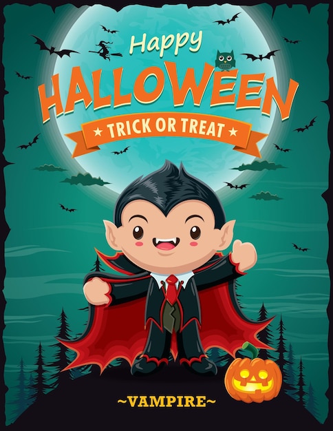 Vintage Halloween poster design with vector vampire character.