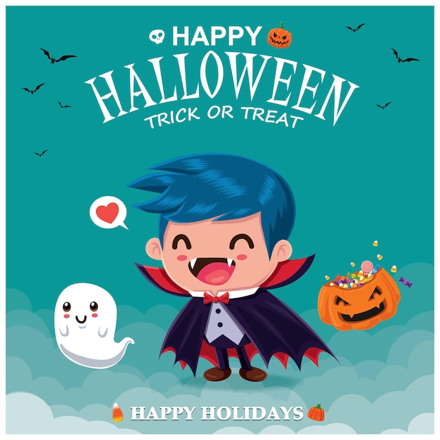 Vintage Halloween poster design with vector vampire  ghost character