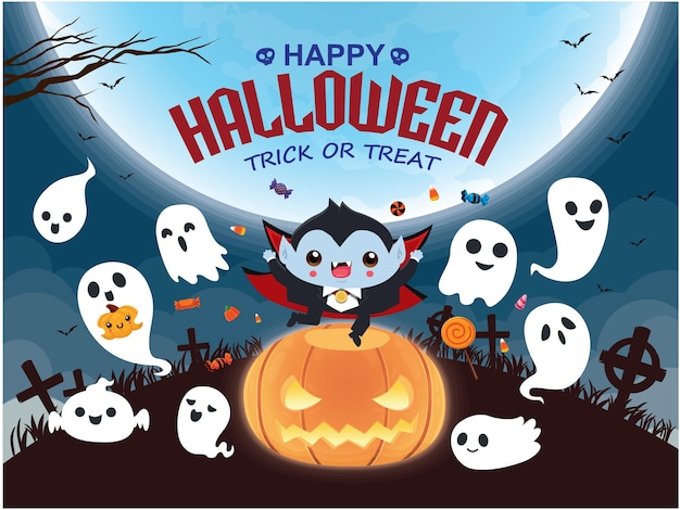 Vintage Halloween poster design with vector vampire ghost character