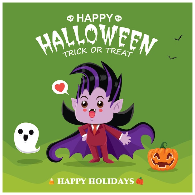 Vintage Halloween poster design with vector vampire ghost pumpkin character