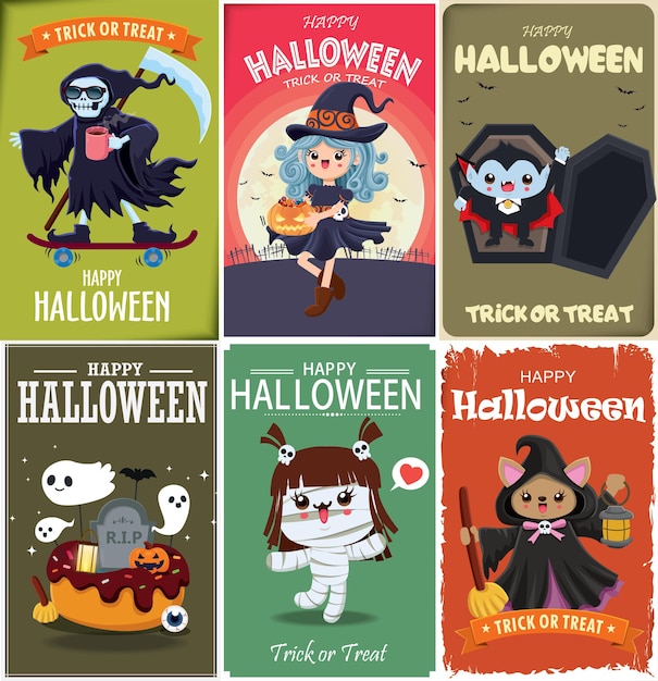 Vintage Halloween poster design with vector vampire witch reaper mummy ghost character