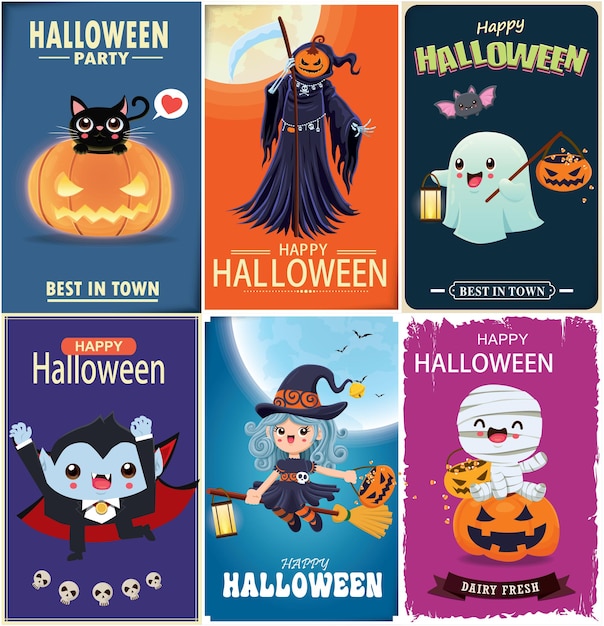 Vintage Halloween poster design with vector witch bat reaper vampire spider character