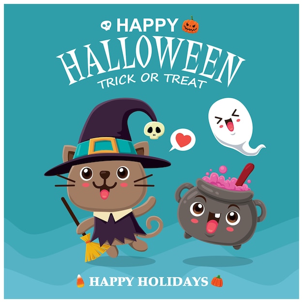 Vintage Halloween poster design with vector witch cat  potion pot character