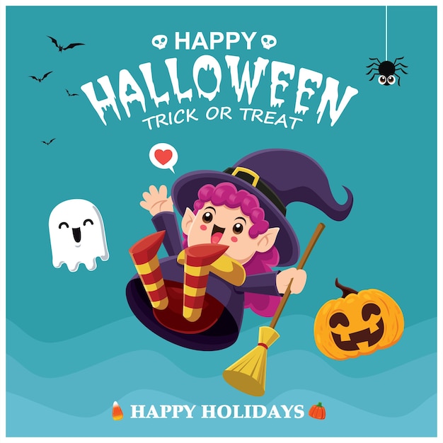 Vintage Halloween poster design with vector witch character