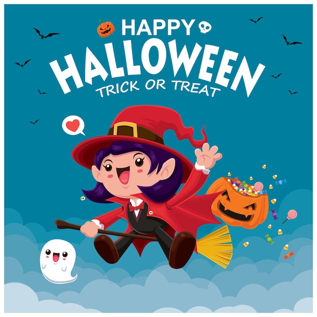 Vintage Halloween poster design with vector witch character