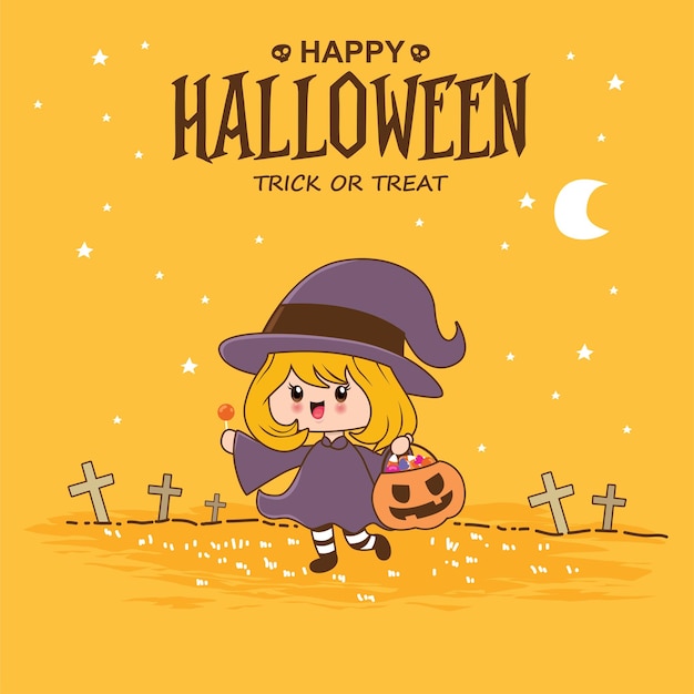 Vintage Halloween poster design with vector witch character.