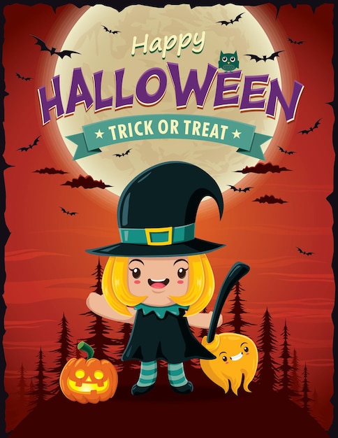 Vintage Halloween poster design with vector witch character.