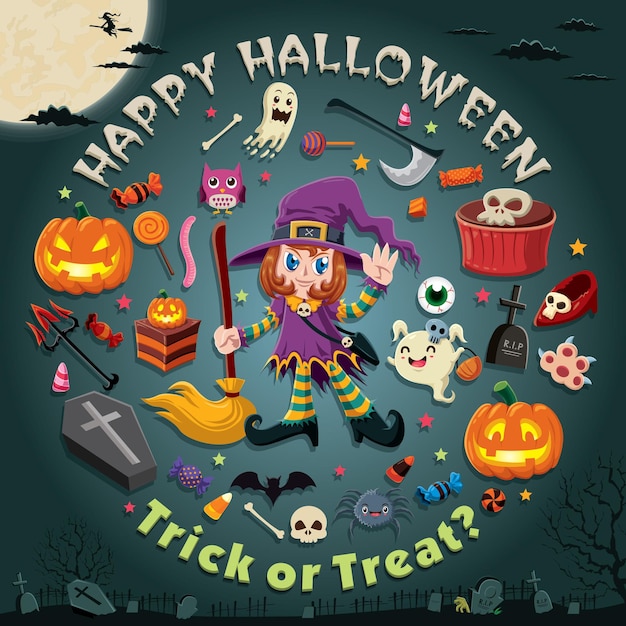 Vintage Halloween poster design with vector witch character.