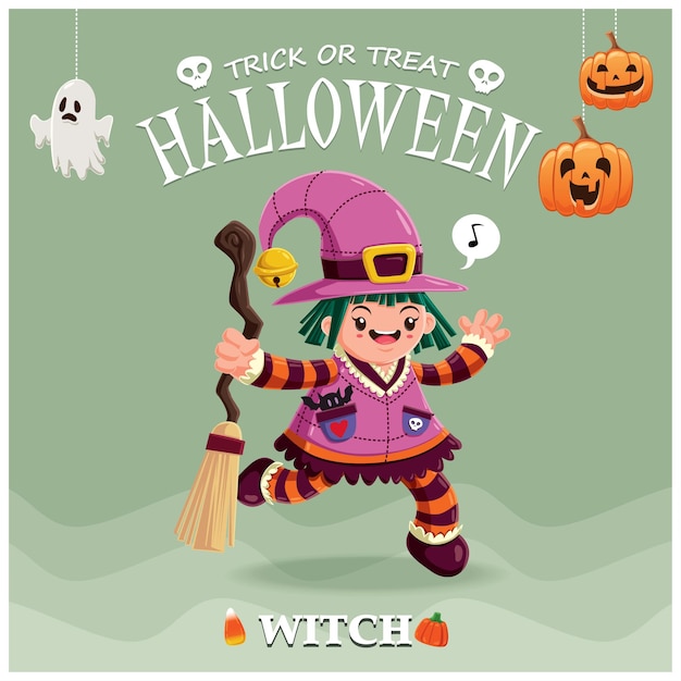 Vintage Halloween poster design with vector witch character