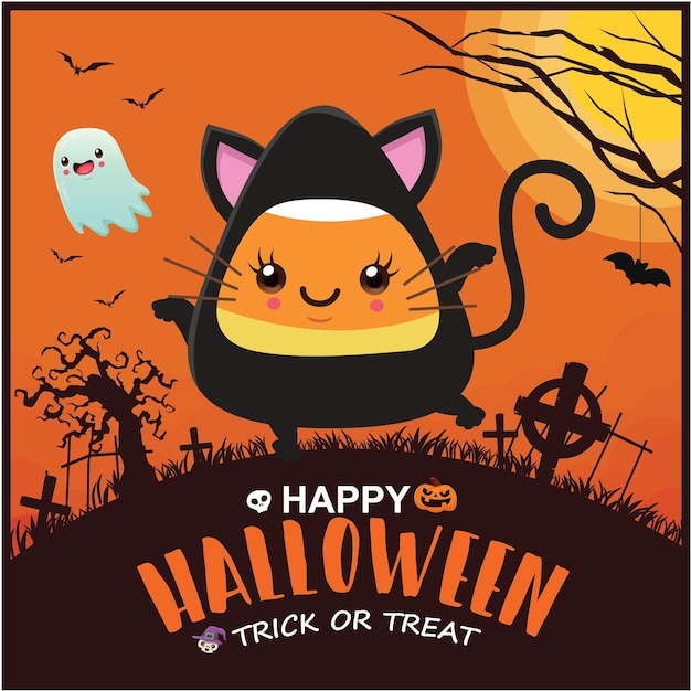 Vintage Halloween poster design with vector witch ghost bat character