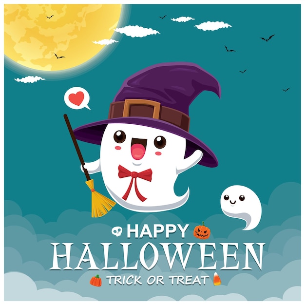 Vintage Halloween poster design with vector witch ghost character