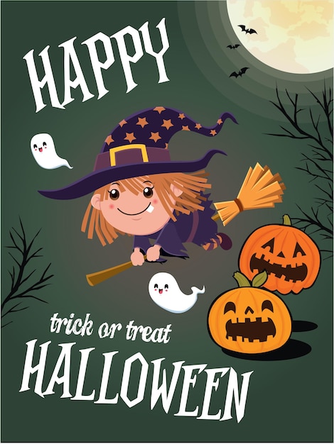 Vintage Halloween poster design with vector witch ghost jack o lantern character