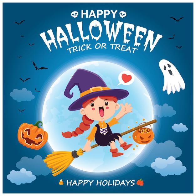 Vintage Halloween poster design with vector witch pumpkin ghost spider character