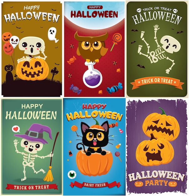 Vintage Halloween poster design with vector witch skeleton ghost vampire owl pumpkin