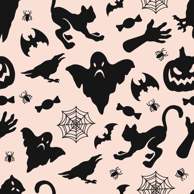 Vintage Halloween seamless pattern with dark scary animals spider ghost pumpkin cobweb candy zombie hand silhouettes on light background vector illustration