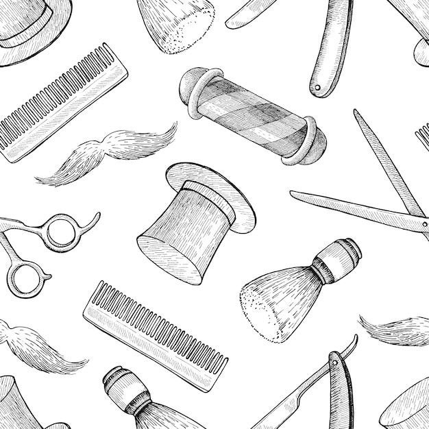 vintage hand drawn Barber Shop seamless pattern. Detailed