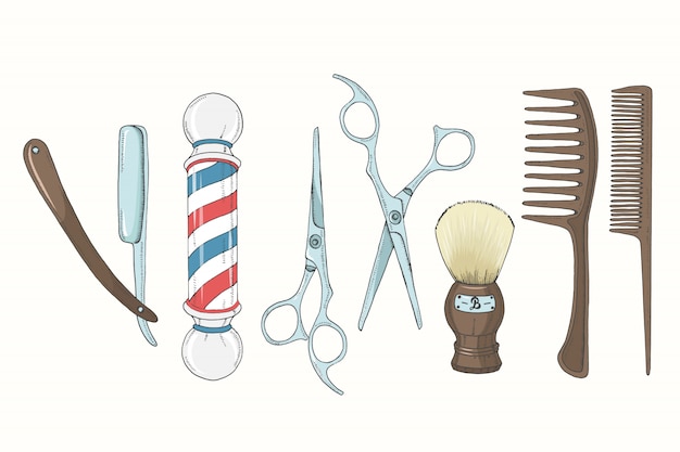 Vintage Hand drawn Barber Shop set in sketch style. 