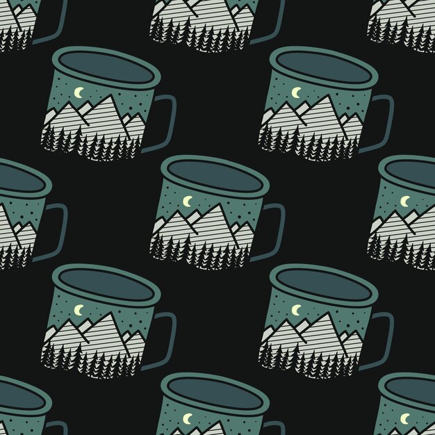 Vintage Hand drawn camping mug seamless pattern with adventure forest. Unusual Stock vector adventure background.