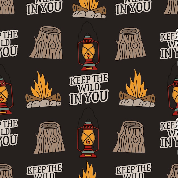 Vintage Hand drawn camping seamless pattern with retro camp lantern, stump, campfire and typography elements. Stock vector adventure background.