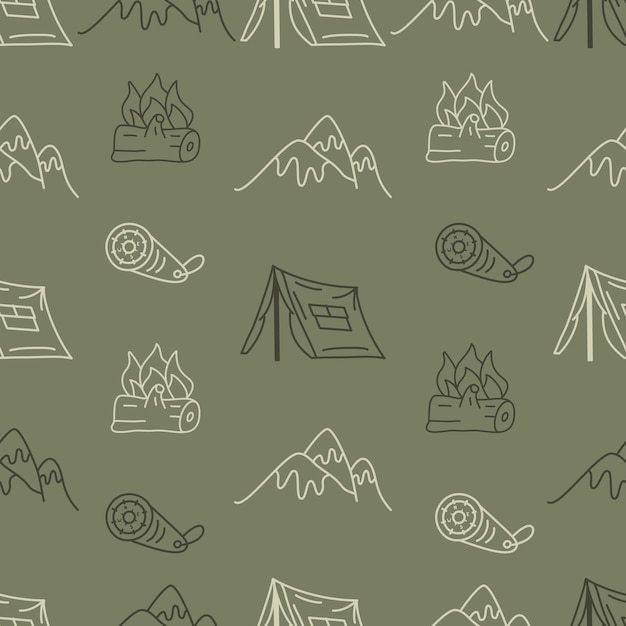 Vintage Hand drawn camping seamless pattern with retro camper, tent and mountains elements. Adventure line art graphics. Stock vector hiking linear background.