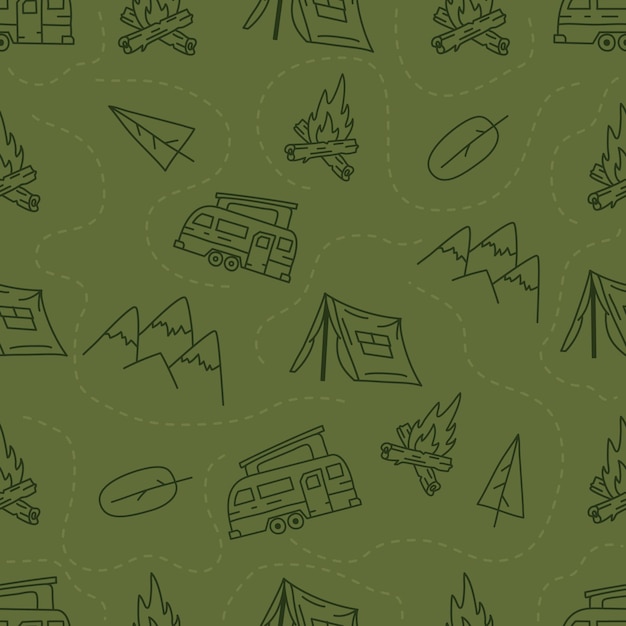 Vintage Hand drawn camping seamless pattern with retro camper, tent and mountains elements. Adventure silhouette line art graphics. Stock vector hiking linear background.