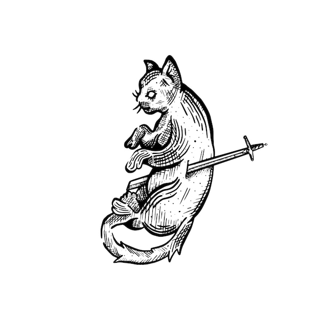 Vector vintage hand drawn cat pierced by a sword vector art illustration