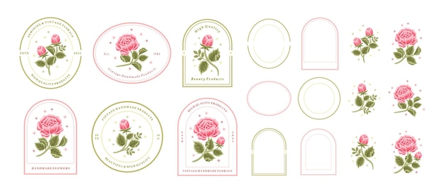 Vintage Hand Drawn Pink Rose Floral Logo Element Collection