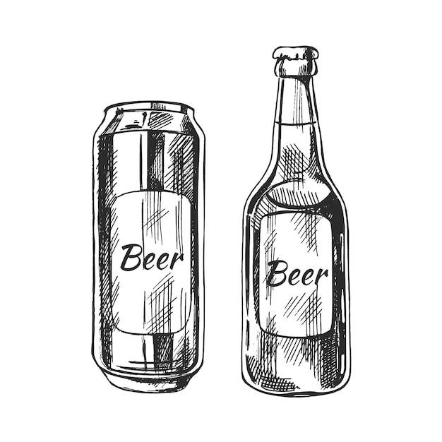 Vintage hand drawn sketch of beer can and bottle isolated on white background