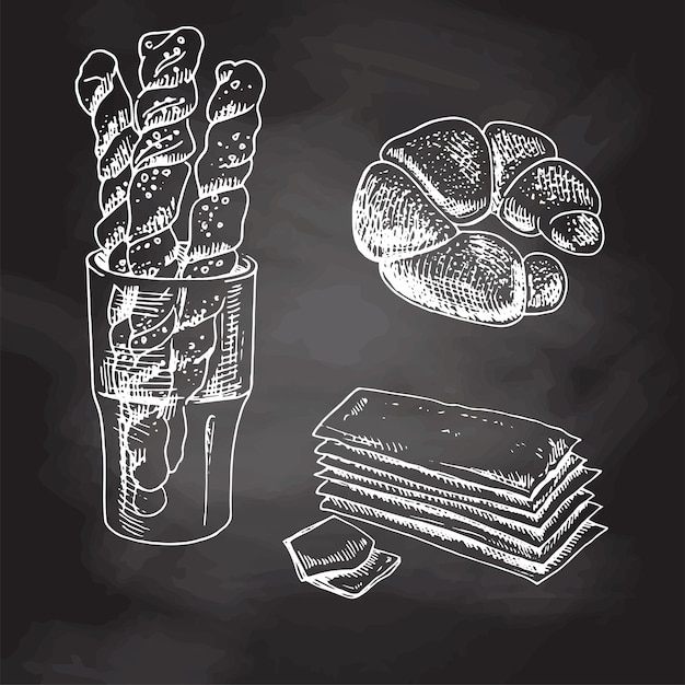 Vintage hand drawn sketch of Bread and pastry sweets  isolated on black chalkboard