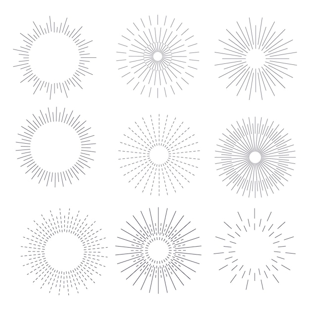 Vintage hand drawn sunburst rays explosion black rays Sunrise firework starburst burst set Vector