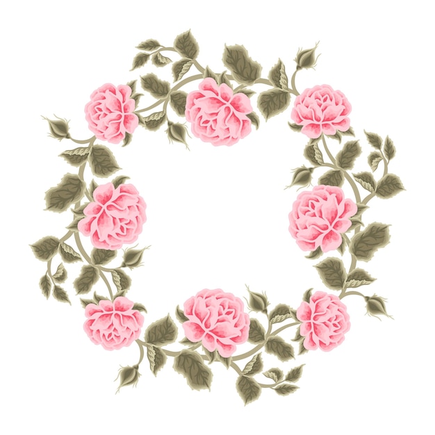 Vintage hand drawn wedding shabby chic pink rose flower frame wreath with leaf branch and floral bud