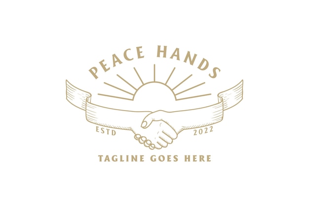 Vintage Hand Shake Ribbon with Golden Sun for Peace Deal Community Unity Teamwork Logo Design