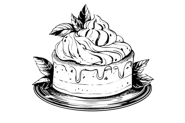 Vector vintage handdrawn cake illustration birthday cake with candles engraved sketch drawing in retro style