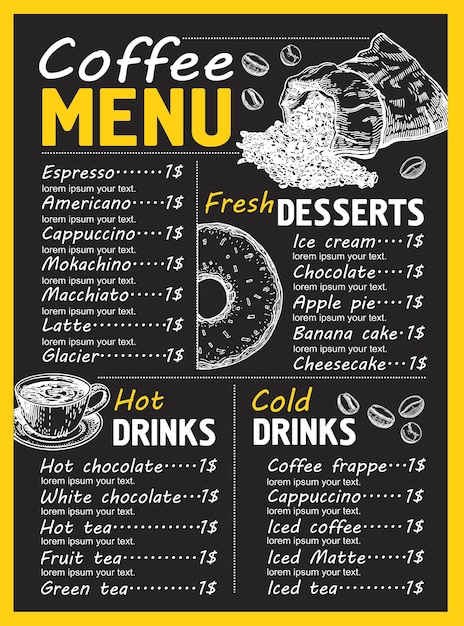 Vintage handdrawn coffee shop menu design Sketch Vector flyer for drinks for bar and cafe Blackboard