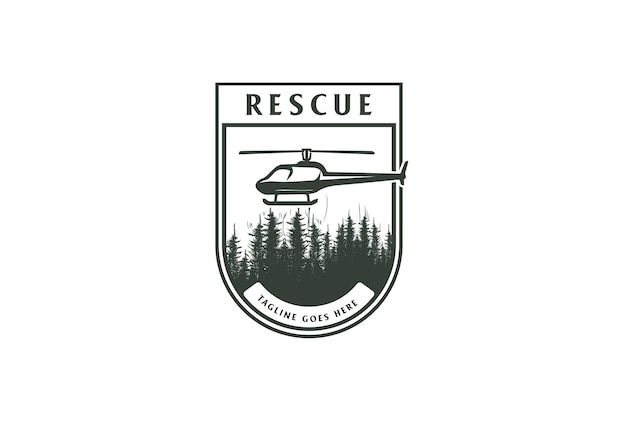 Vintage Helicopter with Pine Evergreen Larch Cedar Conifer Fir Trees Forest for Military Rescue Logo Design Vector