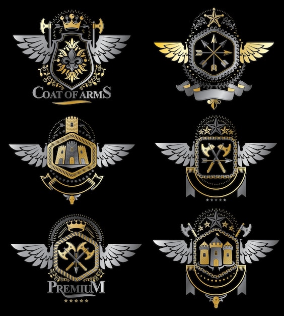 Vintage heraldry design templates, vector emblems created with bird wings, crowns, stars, armory and animal illustrations. Collection of vintage style symbols.