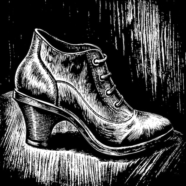 Vintage High Heeled Shoe on Wooden Surface Detailed Black and White Illustration