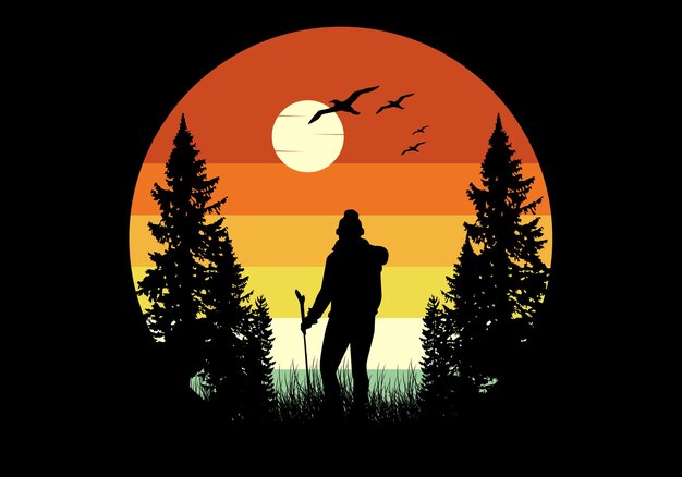 Vintage Hiking Background Illustration, People Silhouette, Hiking t shirt